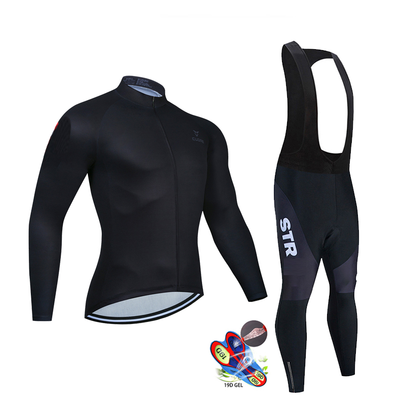 Cycling Gear Waterproof - الخريف الأسود الدراجات جيرسي مجموعة طويلة
